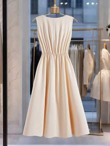 GlowEve CURVE Robe femme élégante de style français pour le travail, en tissu drapé, sans manches, taille lâche avec nœud papillon, couleur abricot. Convient pour les occasions décontractées et les grandes tailles. - Nude - Voir 2
