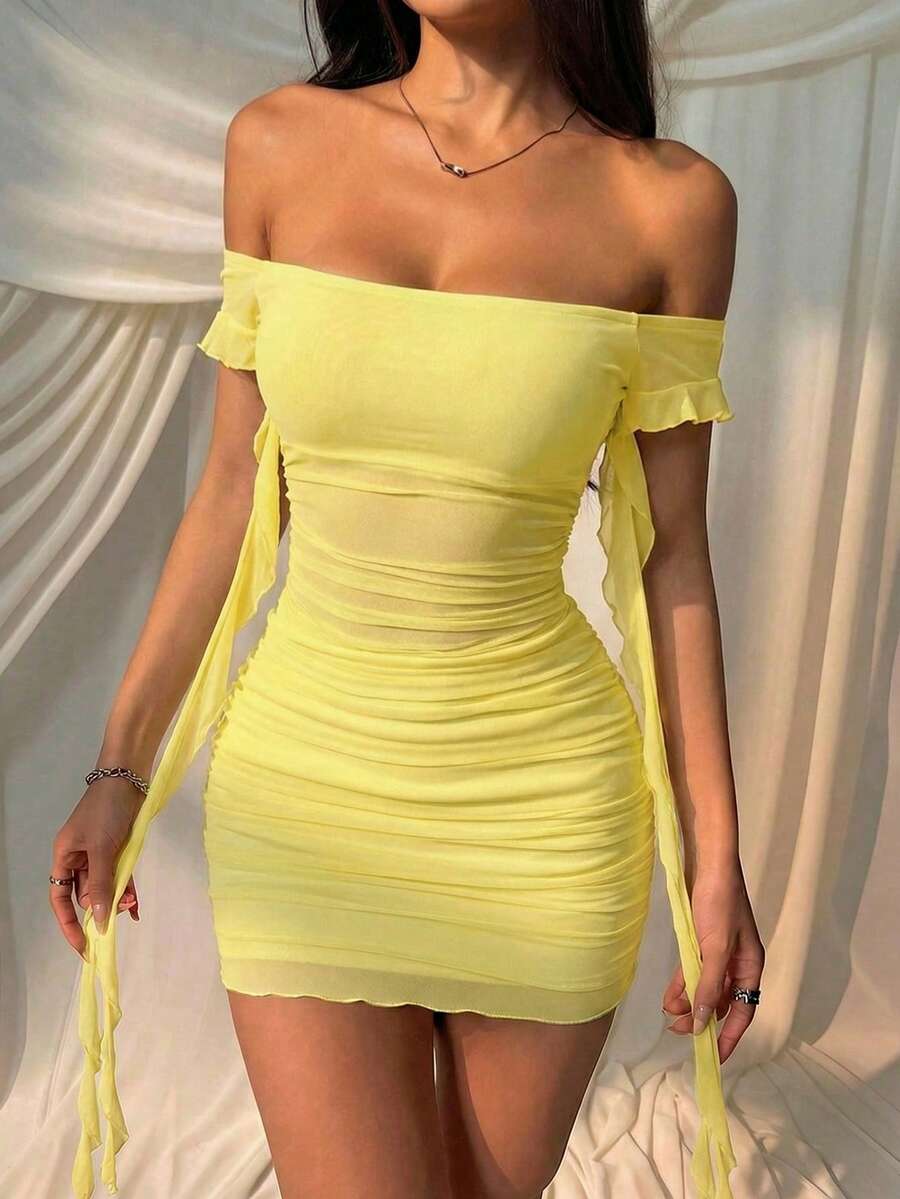 SHEIN EZwear Đầm ngắn ôm dáng, màu trơn, trễ vai, xếp ly, thanh lịch, thích hợp cho mùa hè. - Màu vàng ngỗng - Xem 1