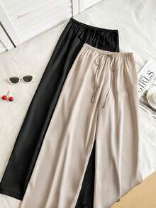 Sweetra Women's European And American Fashion New Summer Outfit, High-End Satin Glossy Black & White Waist-Slimming 2-Piece Set, Casual, Vacation, Commute, Versatile Pants - Multicolor - View 6