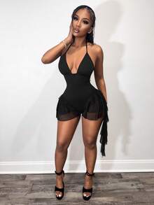 BamGleam Women's Sexy Ruffle Spaghetti Strap Backless Jumpsuit, Suitable For Music Festivals, Parties, Beach Vacations - Black - View 1