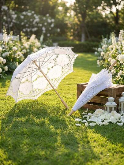 Cirelle 1PC White Wooden Handle Lace Wedding Umbrella – Handcrafted Bridal Parasol, Decorative Wedding Supply For Ceremonies, Anniversaries & Event Decor, Charming Photo Prop & Bridal Gift Idea