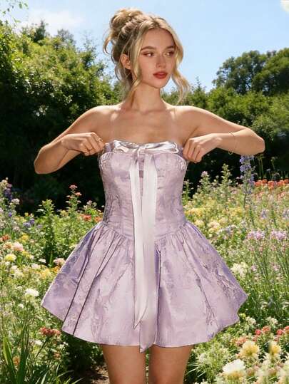  Glamine Charm Satin Patchwork Bow Tie Ribbon Collar Puff Skirt Dress, Princess Style For Date, Vacation, Strapless Mini Dress, Jacquard Fabric Lavender Dress Satin Dress Classy Birthday Dress Lilac Dress Light Purple Dress Tea Length Dress Elegangt Dresses For Women Valentines Dress Party Dresses For Women