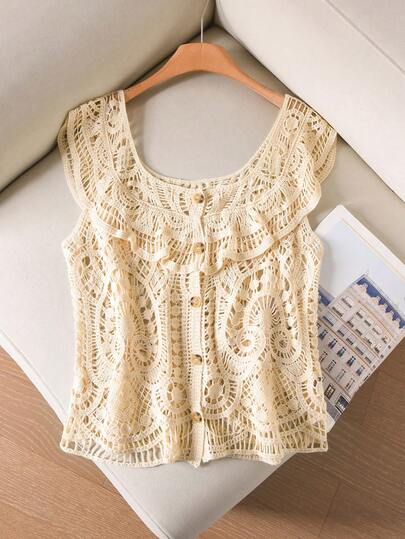 CosyJoli 大码休闲度假荷叶边方领钩针镂空针织背心