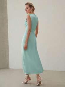 MOTF PREMIUM ELEGANT BUTTERFLY METAL DECOR RUCHED MIDI DRESS, SUITABLE FOR DATES AND EVERYDAY WEAR - Mint Blue - View 3