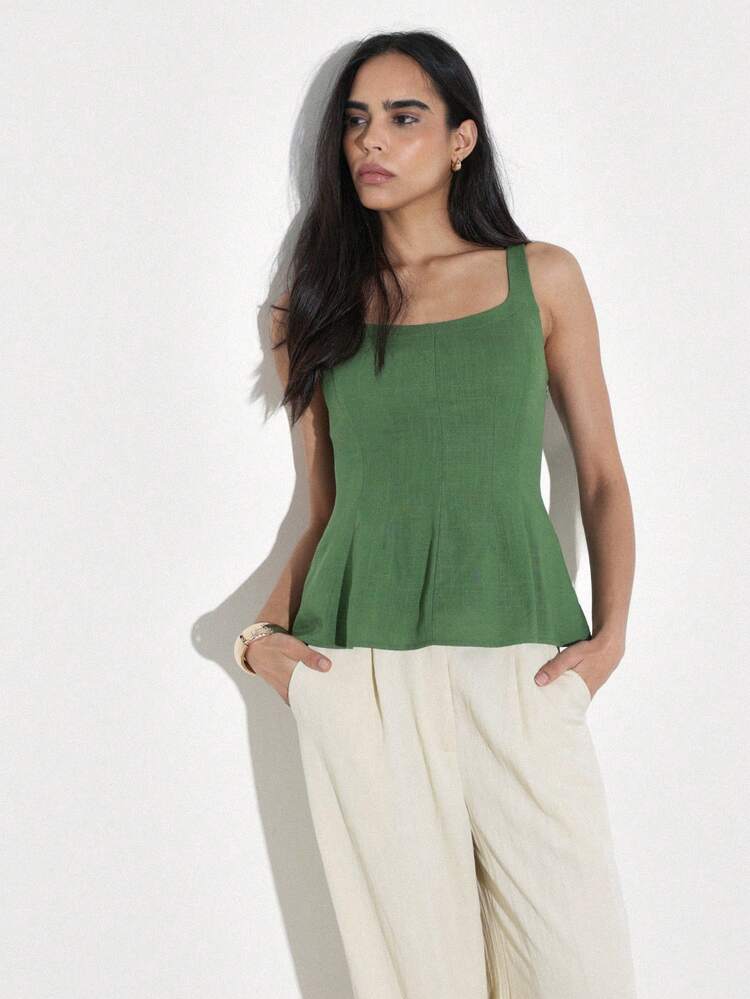 KSTM Canotta verde da donna senza maniche con balza, scollo a V e dettaglio arricciato sulla schiena, adatta per l'uso casual estivo