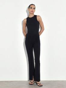 KSTM Pantalones acampanados negros para mujer con abertura frontal, cintura alta, pierna ancha, pantalón de fondo para otoño e invierno, elegante para ocasiones formales y de noche - Negro - Ver 1