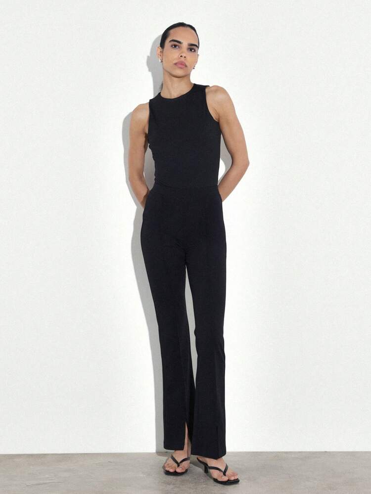 KSTM Women's Black Flared Trousers With Front Slit High Rise Wide Leg Pants Bottom Fall Winter Elegant Evening Formal Occasion Wear