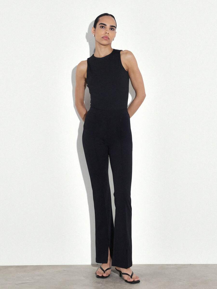 KSTM Pantalones acampanados negros para mujer con abertura frontal, cintura alta, pierna ancha, pantalón de fondo para otoño e invierno, elegante para ocasiones formales y de noche - Negro - Ver 1