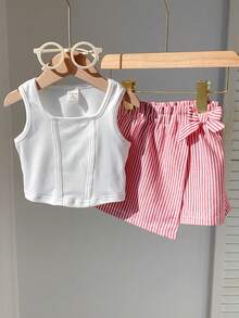 Baby Girls Summer Red And White Stripe Cute Vacation Sleeveless Top&Striped Wrap Skirt Shorts Set,U-Neck Ribbed Tie-Up Curved Hem Knit Holiday Kids - Pink - View 3