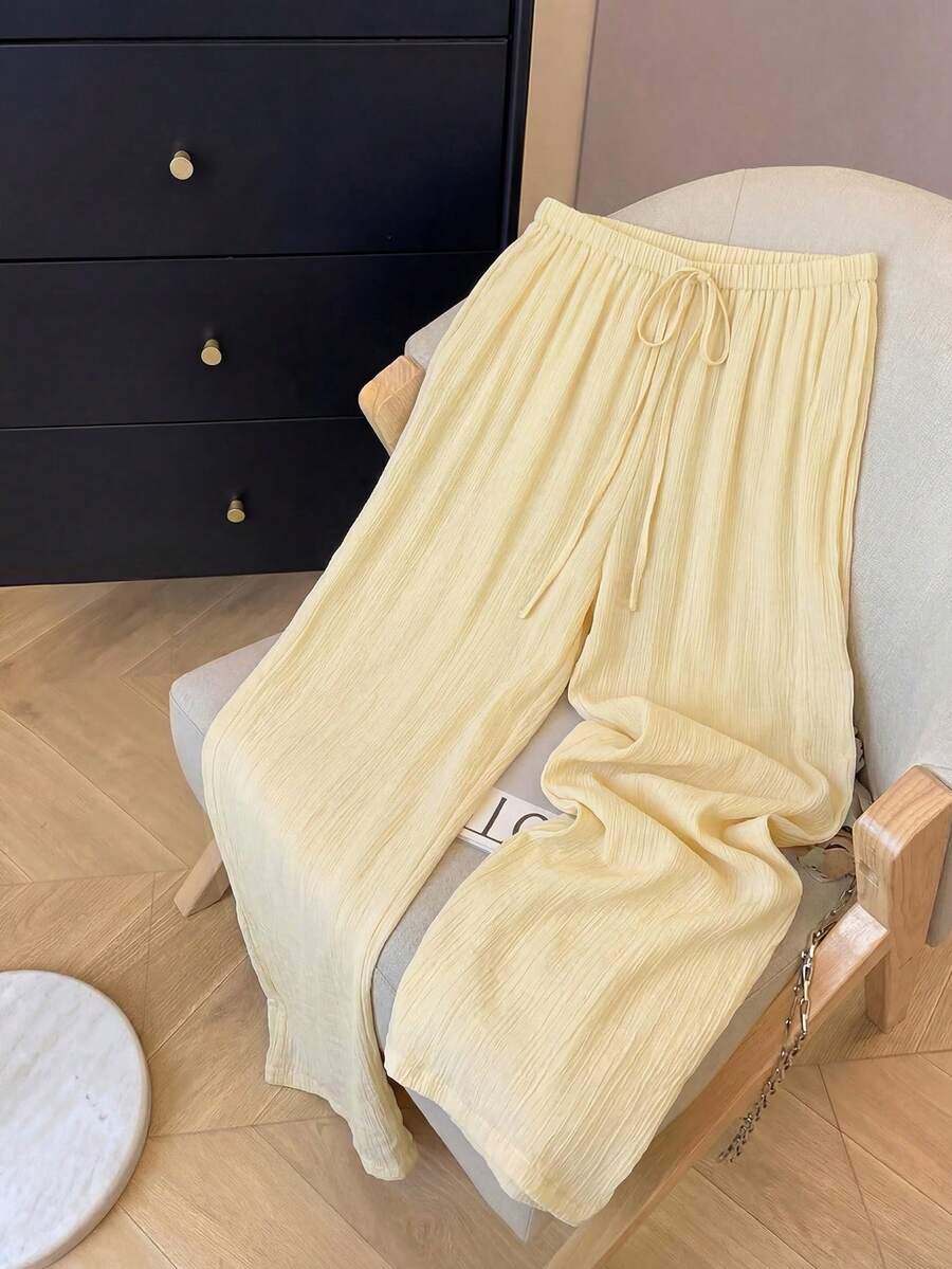 Lyxana Women's Linen Pleated High Waist Wide Leg Straight Pants, Casual Resort Style, Spring/Summer/Autumn - Yellow - View 1