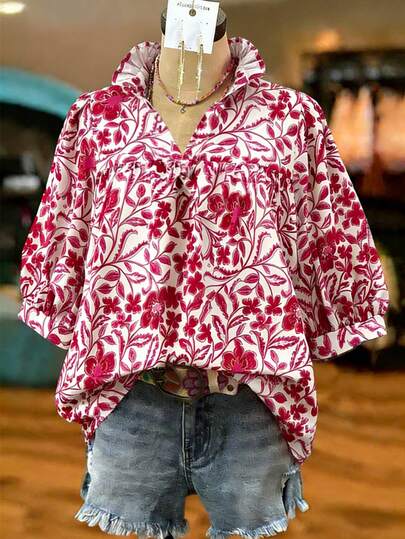 Linhara Plus Size Casual Vacation Beach Ruffle Collar Country Style Daily Wear Short Sleeve Regular Blouse