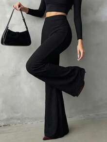 Firerie 女士新款优雅休闲日常通勤时尚百搭高腰修身天鹅绒喇叭裤，酒红色，适合秋冬季、机场、教师、办公室穿着，舒适秋季、圣诞节、新年等场合。 - 黑色 - 查看 2