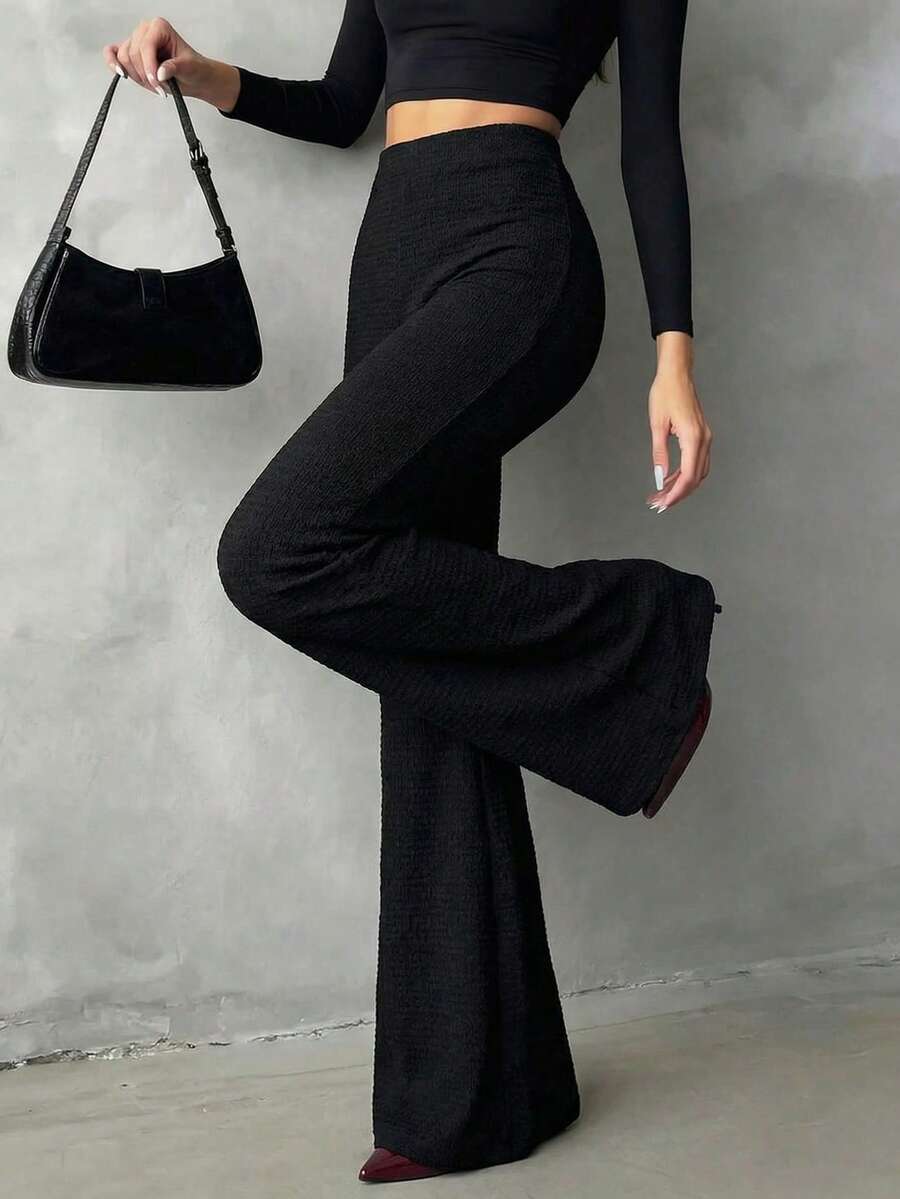 Firerie Quần ống loe cạp cao ôm dáng bằng nhung màu đỏ rượu vang, kiểu dáng thanh lịch, thoải mái, đa năng, phù hợp cho mùa thu/đông, đi sân bay, đi làm, công sở, mùa thu ấm áp, Giáng sinh, năm mới. - màu đen - Xem 1