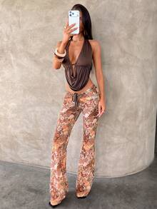 Aloruh 女士纯色露背吊带系带上衣和抽绳腰长裤休闲两件套 - 咖啡棕 - 查看 6