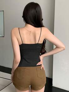 Camiseta sin tirantes plisada de unicolor para mujer, top casual y sexy de verano - Negro - Ver 2