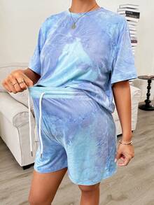 SHEIN 2件套孕妇夏季休闲扎染印花T恤和短裤套装 - 彩色 - 查看 5