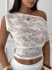 Slaydiva 优雅甜美白色蕾丝宽松不对称肩部上衣，夏季必备 - 白色 - 查看 4