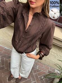 Serisse 女士休闲衬衫，带刺绣、荷叶边和单排扣 - 咖啡棕 - 查看 1