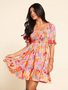 Vivid Eden 女士休闲浪漫优雅简约沙滩度假印花短裙，橙色连衣裙和粉色连衣裙 - 彩色 - 查看 16