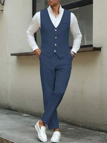 Manfinity Mode Men Business Formal Button Front Vest Suit Jacket And Tailored Pants And Men Vest Suit Clothing 2 Pieces Set - Navy Blue - View 4