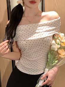 DAZY Áo thun ôm sát trễ vai in họa tiết chấm bi phong cách thường ngày mùa hè - Màu be - Xem 4