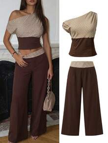 SHEIN SXY Áo kiểu mùa hè kẻ sọc phối màu cổ lệch vai - Nhiều màu - Xem 1