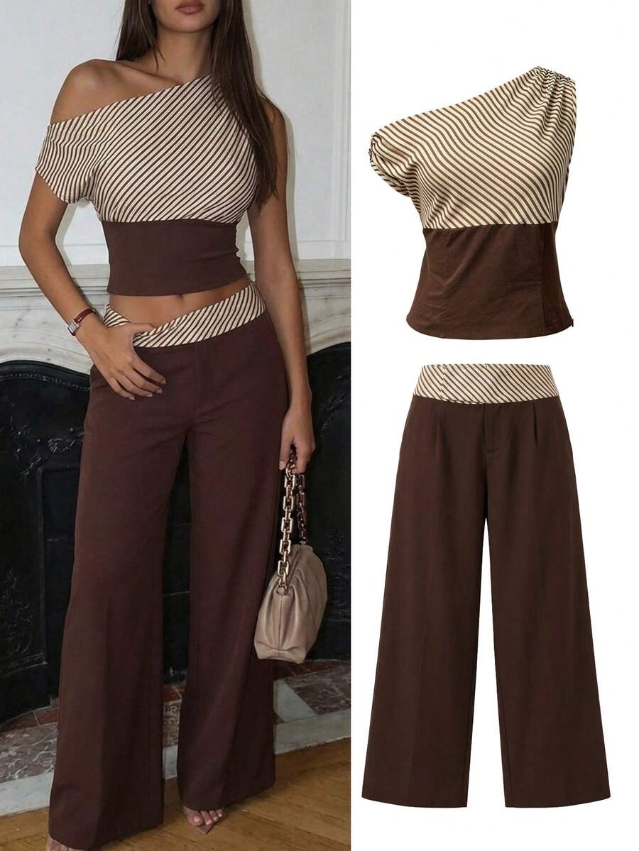 SHEIN SXY Áo kiểu mùa hè kẻ sọc phối màu cổ lệch vai - Nhiều màu - Xem 1