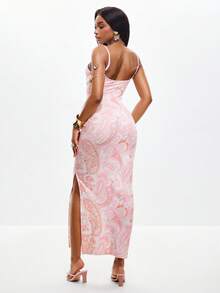 Coolane 女士春夏时尚Y2K度假风日常穿搭腰果花图案弹力粉色修身长款V领优雅连衣裙 - 粉色 - 查看 2