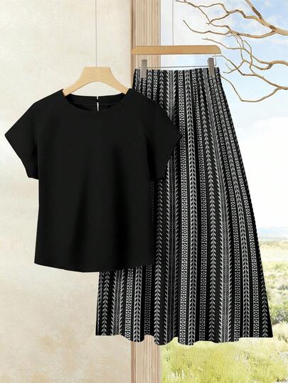 Rusticease 2pcs/Set Women's Casual Solid Black Top + Geometric Striped Print Skirt Set, Women's Summer Outfit, Summer Skirt Set, Skirt And Top Set, Women's Skirt And Top Set, Printed Skirt Set Suitable For Spring And Summer