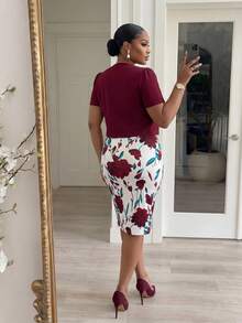 SHEIN Lady Plus Size Elegant Burgundy Summer Wedding 2-Piece Set,Solid Color Short Sleeve Top And Floral Print Dress,Office Business Casual Skirt Suits For Women - Multicolor - View 3