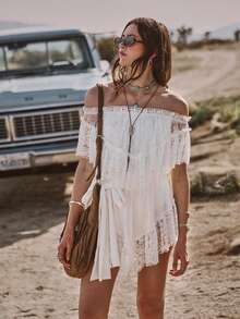 Easelle Đầm nữ phong cách Bohemian trễ vai phối ren, eo thon, thoải mái, lãng mạn, trang phục phương Tây cho nữ, màu trắng phong cách Boho, trang phục mùa hè cho nữ, trang phục Bohemian cho nữ, đầm Boho, trang phục Boho Chic cho nữ. - trắng - Xem 6