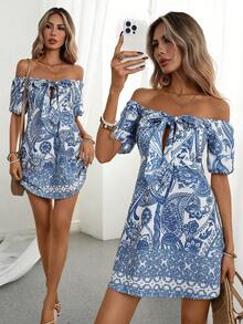 Breezaya Women's White And Blue Floral Paisley Print Off Shoulder Tie Front A Line Mini Dress,Summer Boho Holiday Vacation Holiday Beach Wedding Guest Dress - Blue and White - View 8