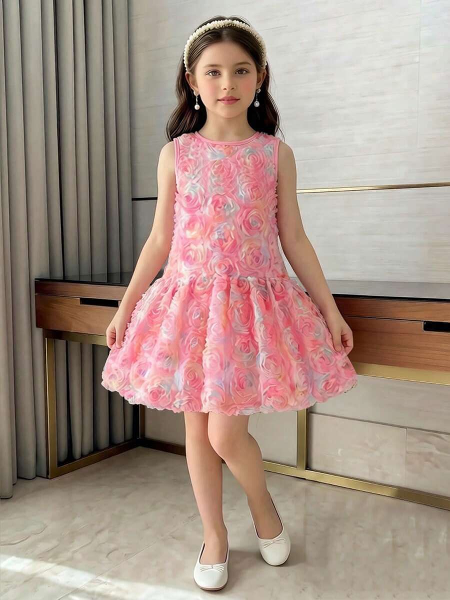 Elladie kids 少女甜美碎花网纱无袖公主裙，高端设计正式派对夏季连衣裙，时尚贵族风 - 彩色 - 查看 1