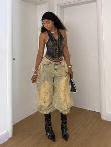 StreetHx 女士性感交叉露背吊带牛仔短款上衣，夏季 - 黑色 - 查看 5