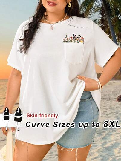 SHEIN CURVE+ Curve Size US22Music Festival, Seaside Vacation, Bohemia Casual Embroidered Pocket Round Neck Short Sleeve T-Shirt, Summer Tops Plus Size Graphic Tees Streetwear Plus Size