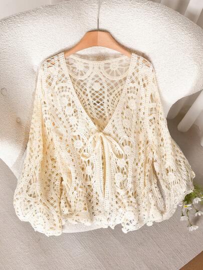 CosyJoli Plus Size Women Solid Color Hollow Out Knit Tie Front Cardigan