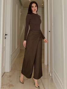 Bris Aura Women Asymmetrical Casual Wide Leg Pants Women's Fashion Office Commuting Versatile High Waist High-End Asymmetrical Wide Leg Suit Pants - Brown - View 3
