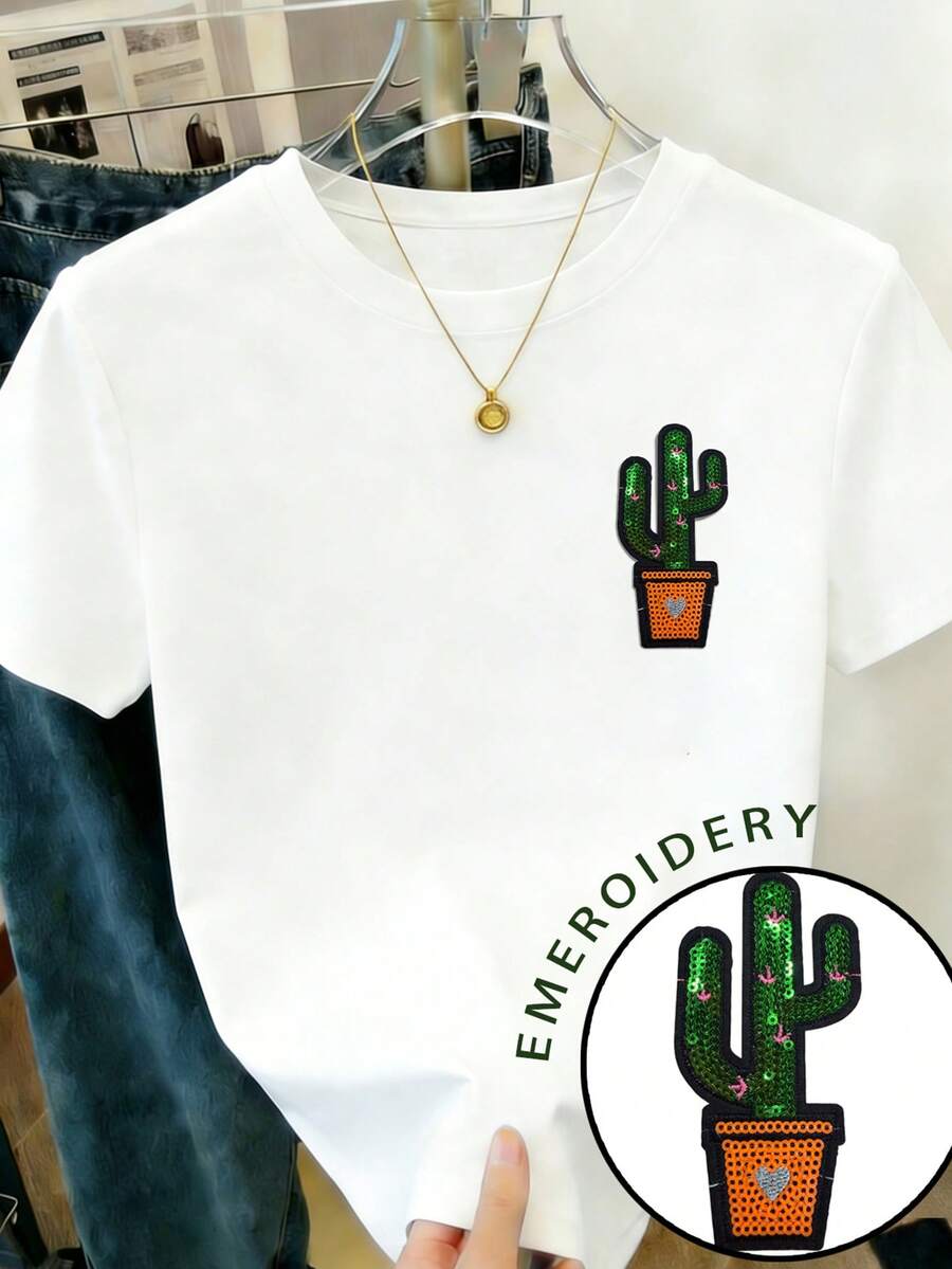 Resyla Tropical Plant Cactus Embroidery Pattern Women Round Neck Short Sleeve T-Shirt - White - View 1