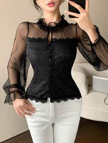 DAZY Top Preta Feminina de Poá em Tule Transparente com Recortes de Renda, Elegante para o Dia dos Namorados, Casamento, Festa, Ocasião Formal, Ajuste Slim em Tule Fino de Manga Longa, Adequada para Verão, Outono, Primavera - Preto - Visão 8
