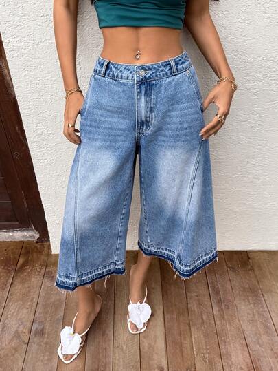 Sunnyshic Women's Casual Versatile Everyday Pocketed Button Fly Wide Leg 7/8 Length Jeans