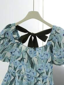 GlowEve Women's Summer Floral Print Blue Square Neck Tie Waist Puff Sleeve A-Line Dress, Fashionable Elegant Casual Vacation Beach - Multicolor - View 3