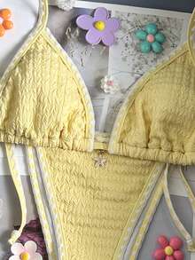 Swim Mod-D Women's Spring/Summer Jacquard Fabric Halter Shell Crochet Trim Metal Decor Bikini Set - Yellow - View 2