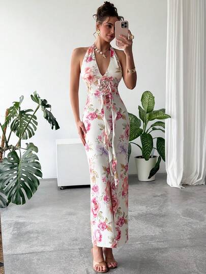 RiviMae 女士长款印花V领露背优雅连衣裙，饰有垂坠花带