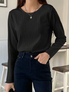 DAZY Ribbed Knit Lettuce Trim Tee,Fall Clothes Long Sleeve Women Tops - Black - View 5