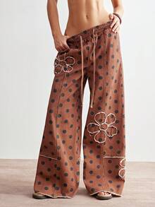 Bohemela 女士休闲舒适 Y2K 波西米亚风音乐节西部乡村复古水洗斜纹牛仔拼接波点宽松阔腿裤 - 卡其色 - 查看 6