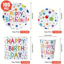 Colorful Polka Dot Disposable Plates, Napkins, And Cups For A Happy Birthday, Birthday-Themed Plates, Napkins, And Paper Cups For Party Supplies, Suitable For 25 Guests. Disposable Paper Plates And Party Tableware Are Perfect For Birthday Weddings, Family Picnics, And Other Parties - Multicolor - View 2