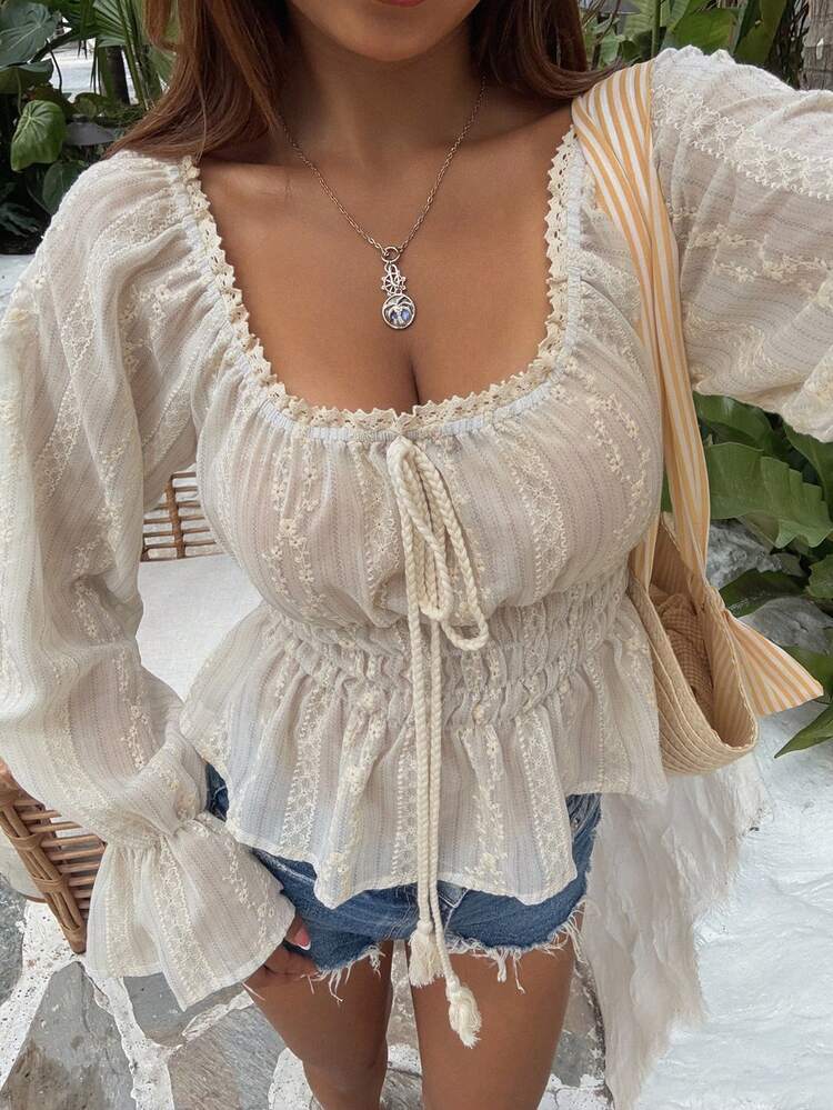 Women's Square Neck Cinched Waist Long Sleeve Cropped Lace Blouse Boho