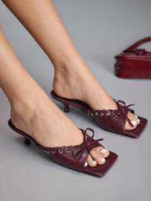 CUCCOO GRLICON Fashion V-Mouth Rivet Strap Bow High Heel Women's Sandals Half Drag - Burgundy - View 4