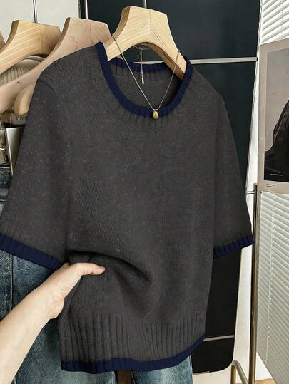 Franclia 女士休闲日常通勤柔软舒适圆领短袖撞色宽松直筒针织套头衫，春夏款，大码