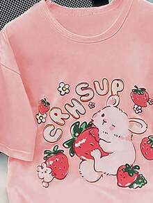 Sparklyn 少女兔子草莓印花短袖上衣，休闲舒适，适合春夏穿着，时尚百搭，适合户外活动、野餐、街头摄影、居家、上学、节日庆典等场合，也是馈赠佳品。 - 白色 - 查看 3